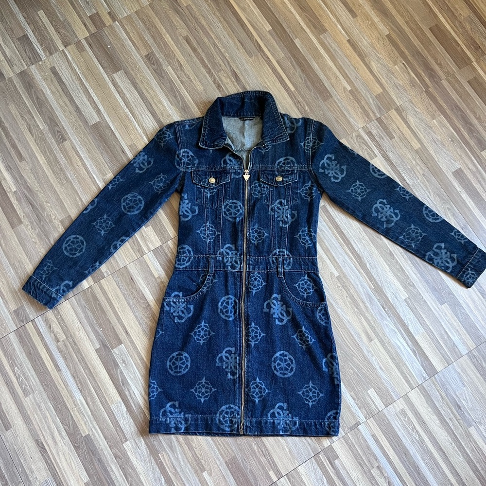 Guess Girls Dark Blue Logo-Print Denim Zip Dress Jacket